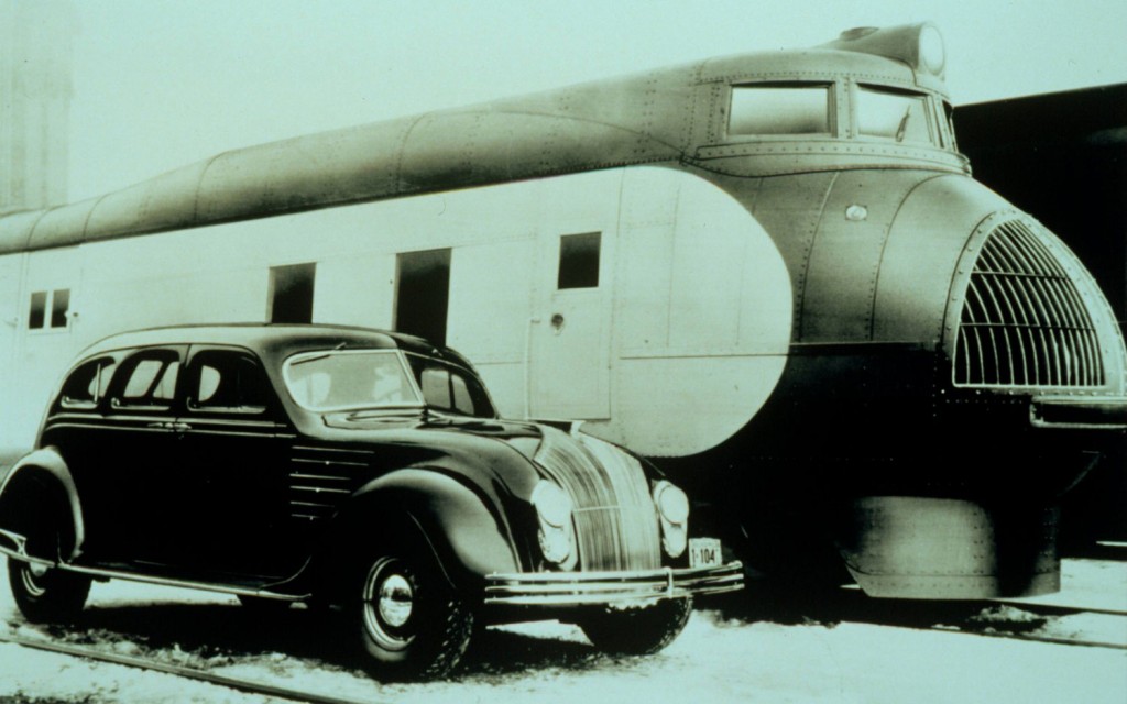 1934 Chrysler Airflow and Union Pacific M-10000 train