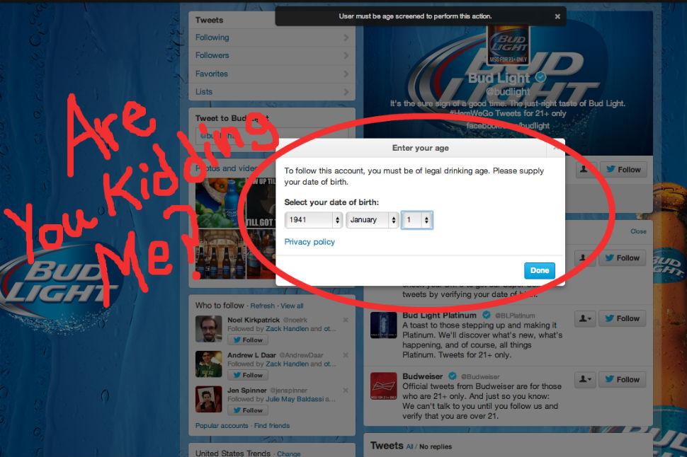dear twitter snapchat facebook rest internet age gating stupid gate bud light