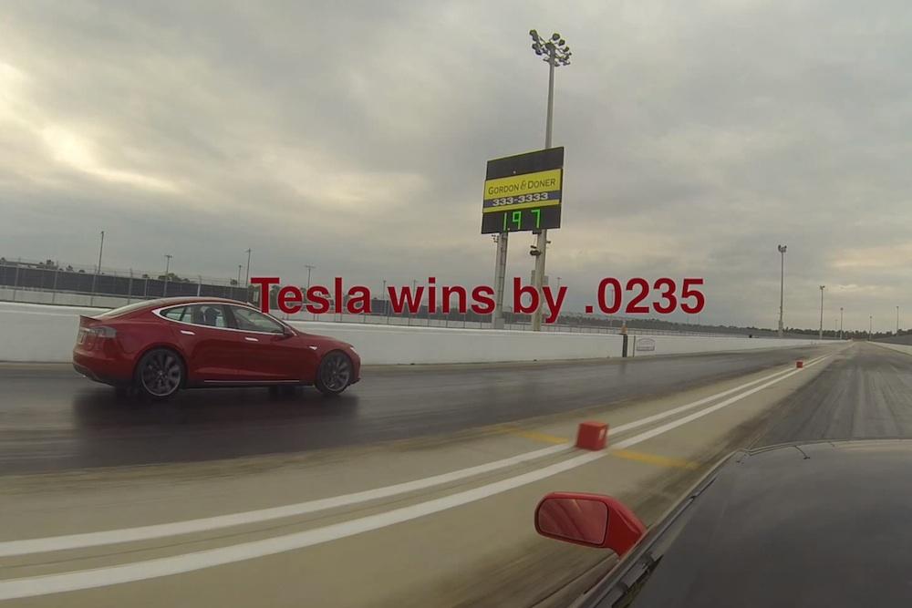 tesla model s drag races corvette stingray wins race