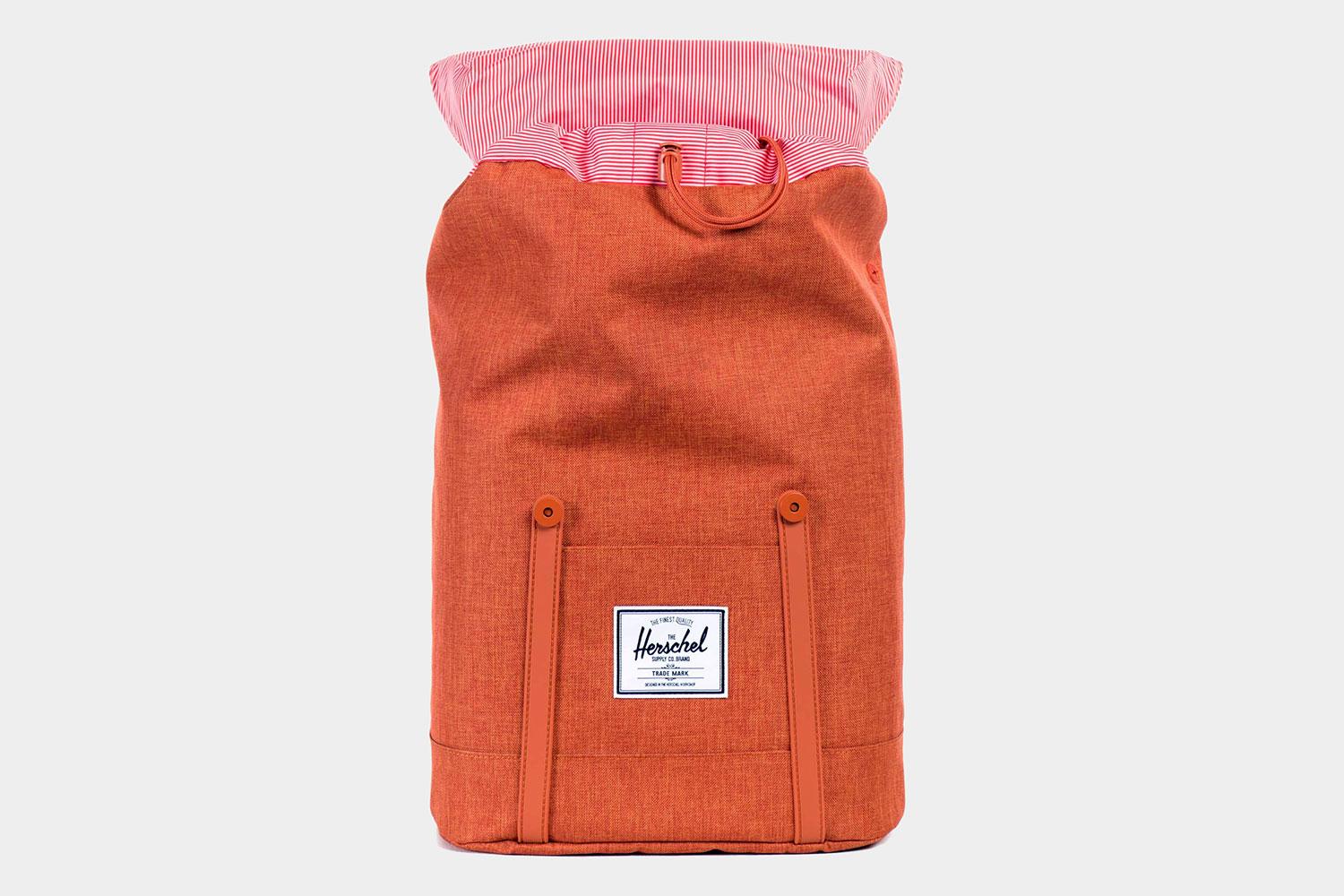 Herschel Supply Co Retreat backpack with top open.