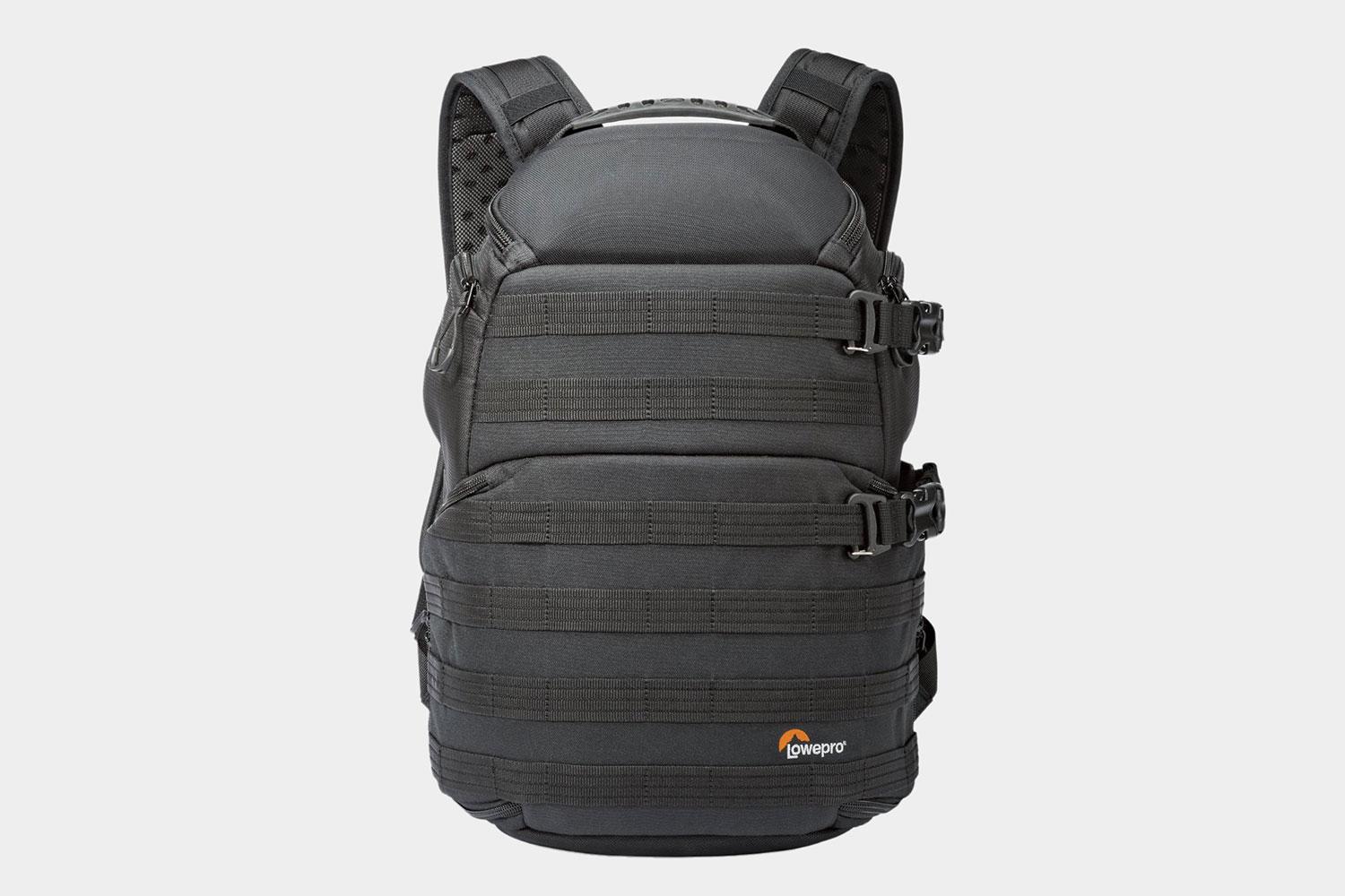 Frontal view of a Lowepro ProTactic 350 AW Camera and Laptop Backpack.