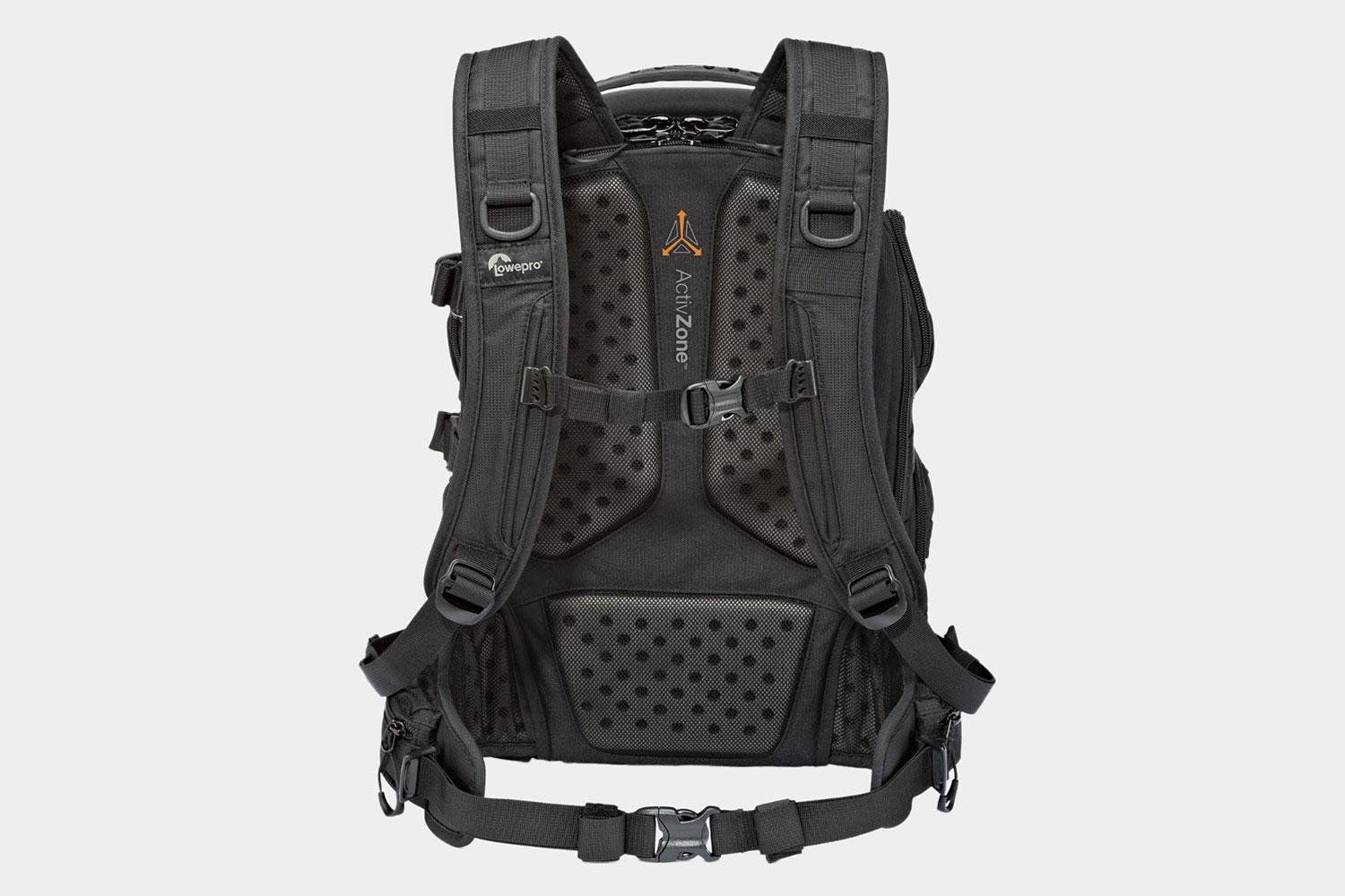 Rear view of a Lowepro ProTactic 350 AW Camera and Laptop Backpack.