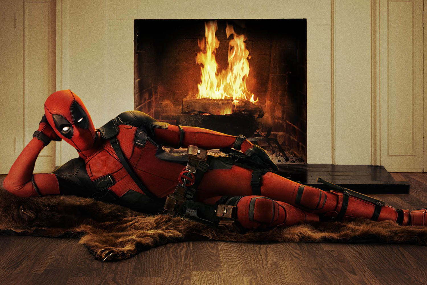 deadpool by a fireplace