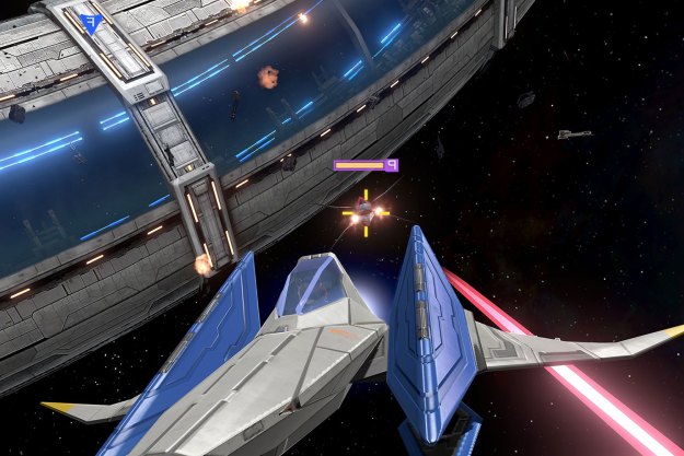 An Arwing flies through space in Star Fox Zero.