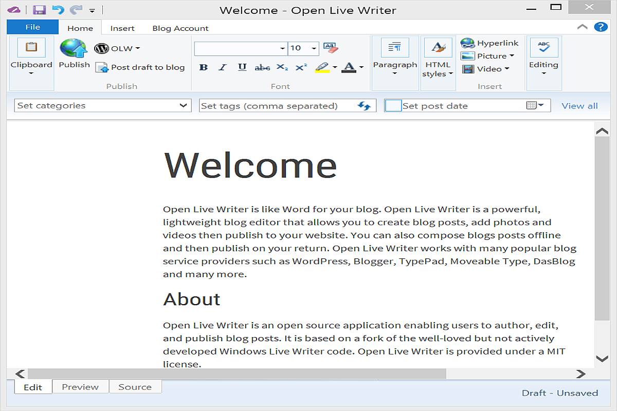 open live writer app windows store blog editor