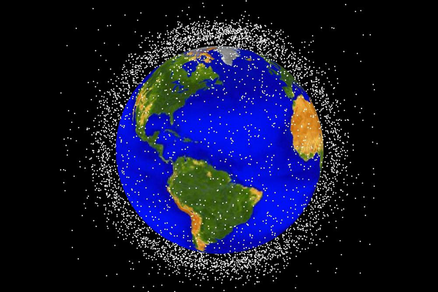 A depiction of space junk in low-Earth orbit.