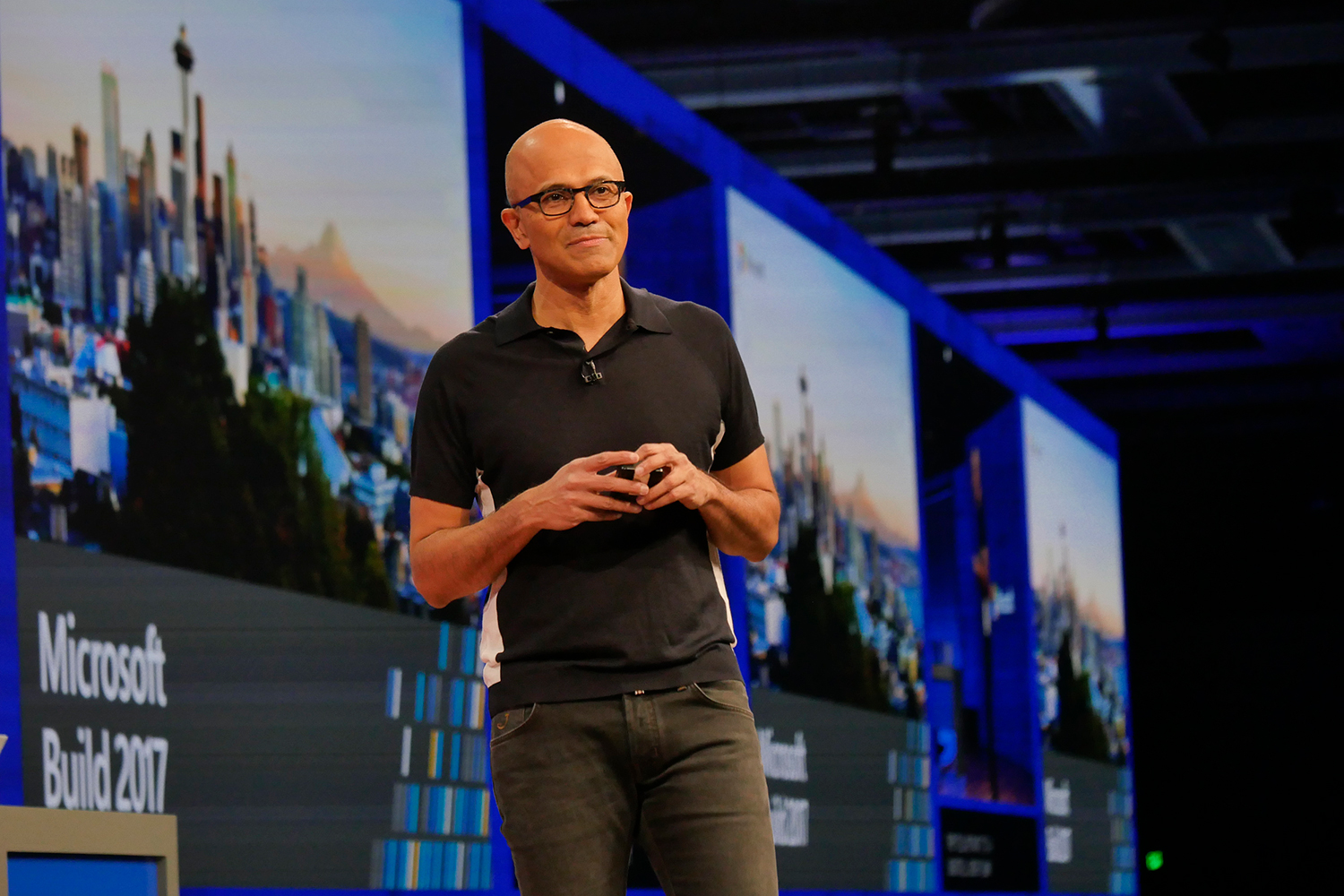 office 2019 mid 2018 satya nadella chief executive officer on stage at microsoft build 2017