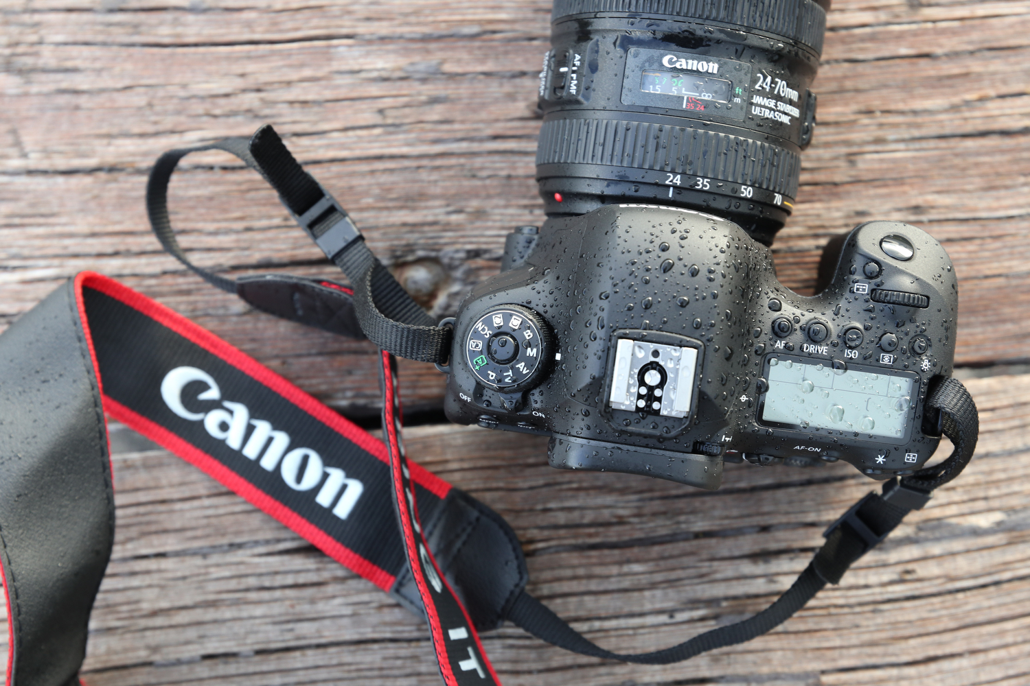 Directly above Canon EOS 6D Mark II, covered in droplets, facing away diagonal right on wooden table with the screen articulated