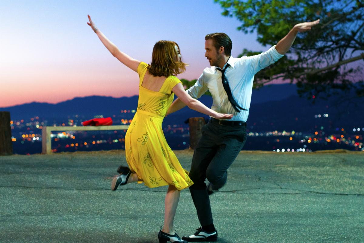 Emma Stone and Ryan Gosling dancing in La La Land.