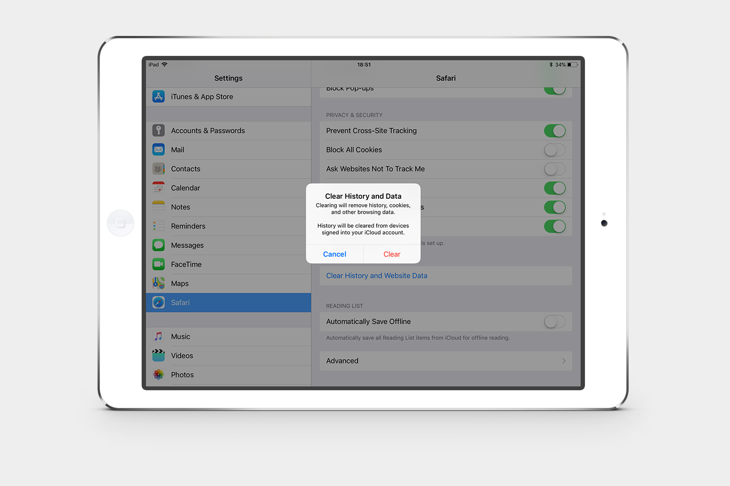 how to clear cookies on an iPad