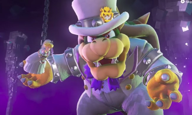 Bowser holds Peach in Super Mario Odyssey.