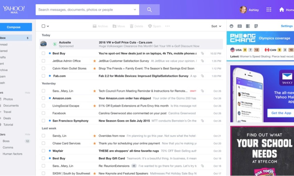 A Yahoo mail inbox.