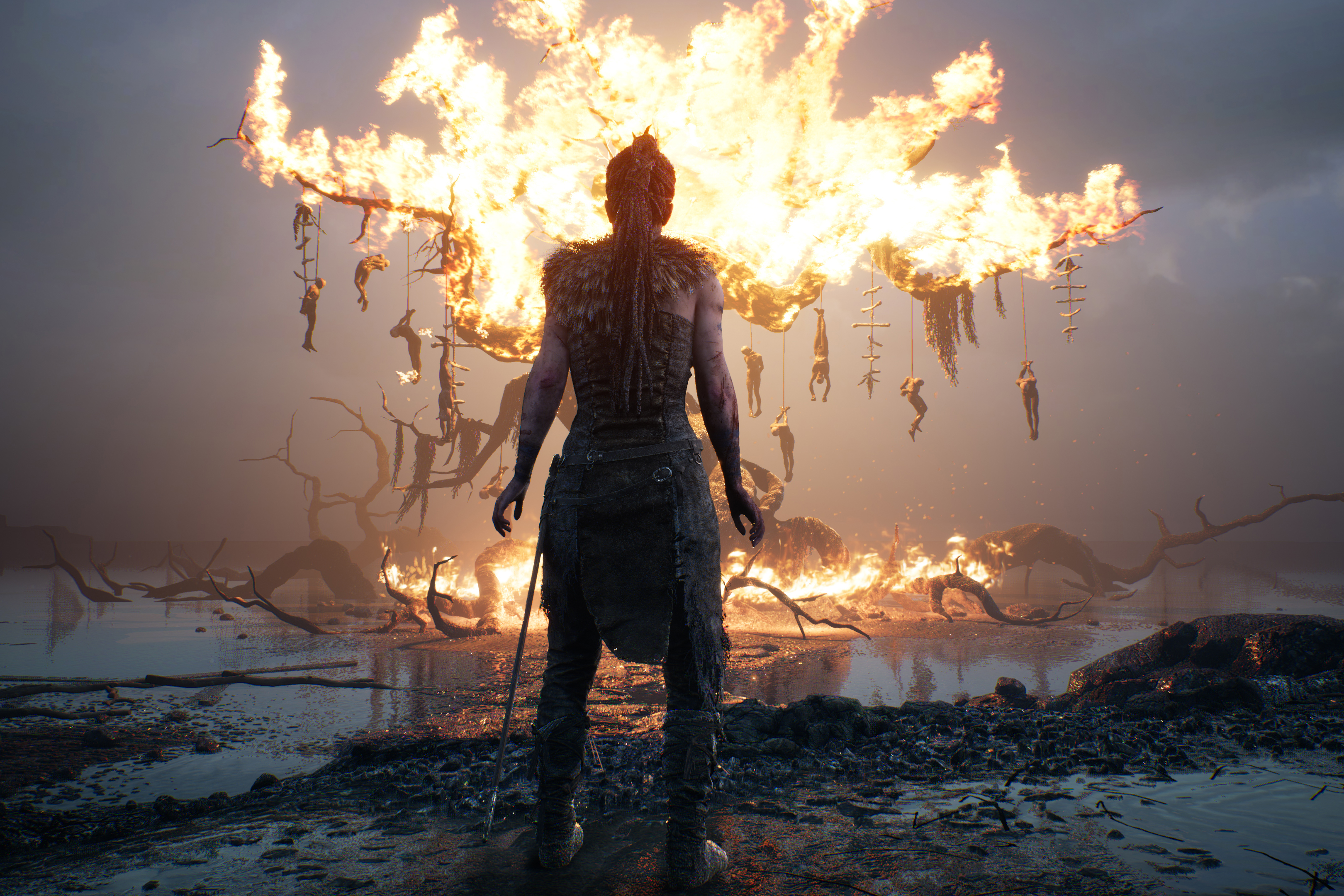 Senua stares at a burning tree in Hellblade 2.