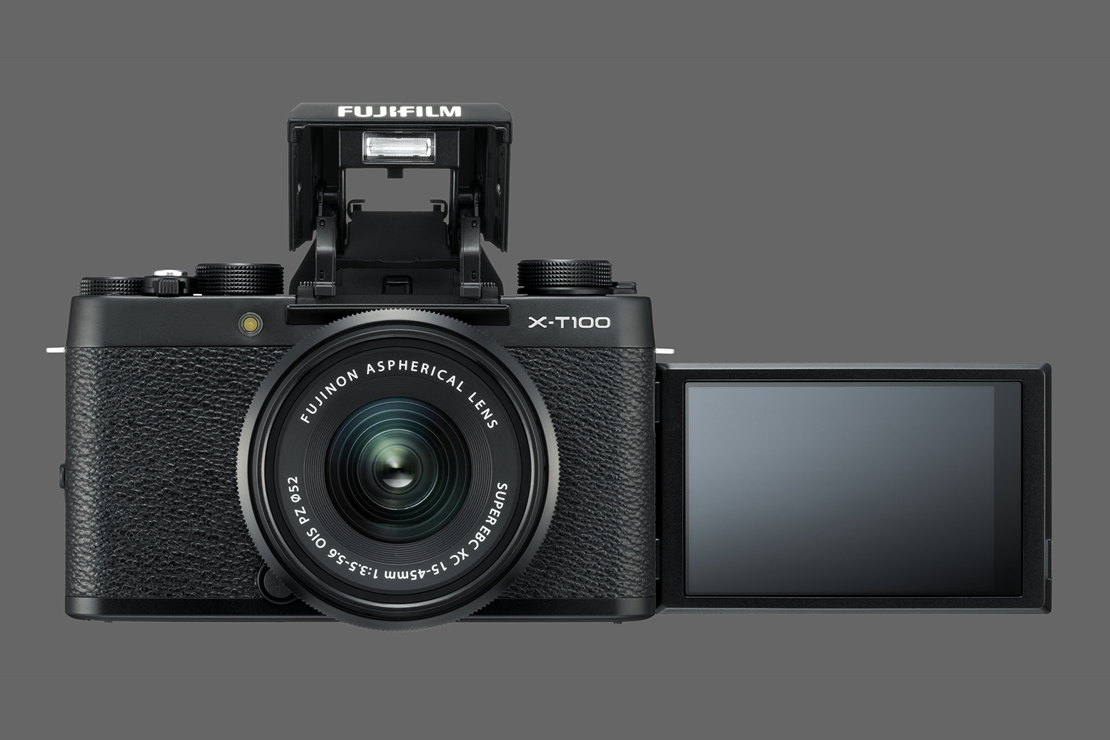 fujifilm x t100 announced black front flashup monitorup xc15 45mmb