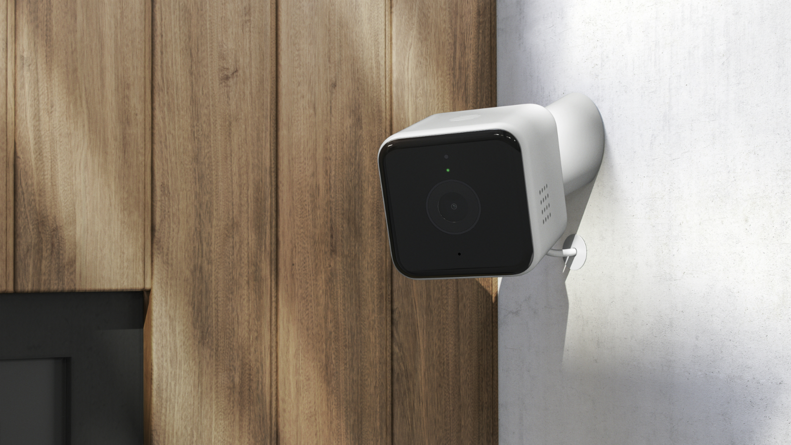 hive view outdoor smart security camera render  left angle insitu on white wall wood panelling copy
