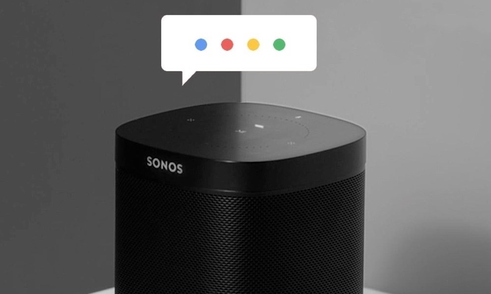 A Sonos One with a Google Assistant chat bubble floating above.