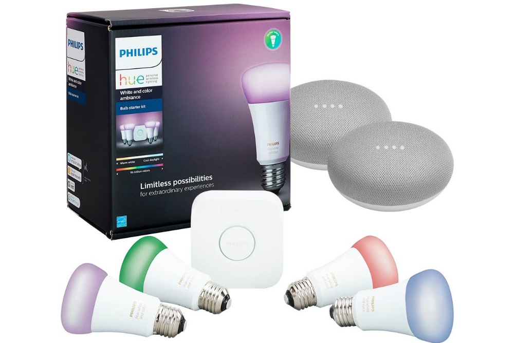 best buy deal philips hue starter kit with 2 google home minis  white and color ambiance multicolor a19 led mini pack 750x500