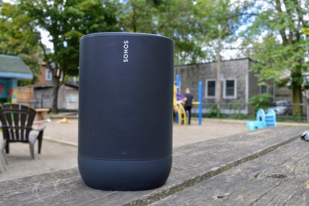 Sonos Move outdoors on a picnic bench.