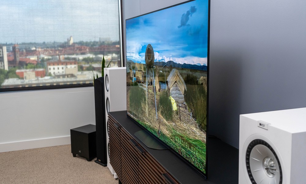 A Sony OLED TV seen at a sharp angle.