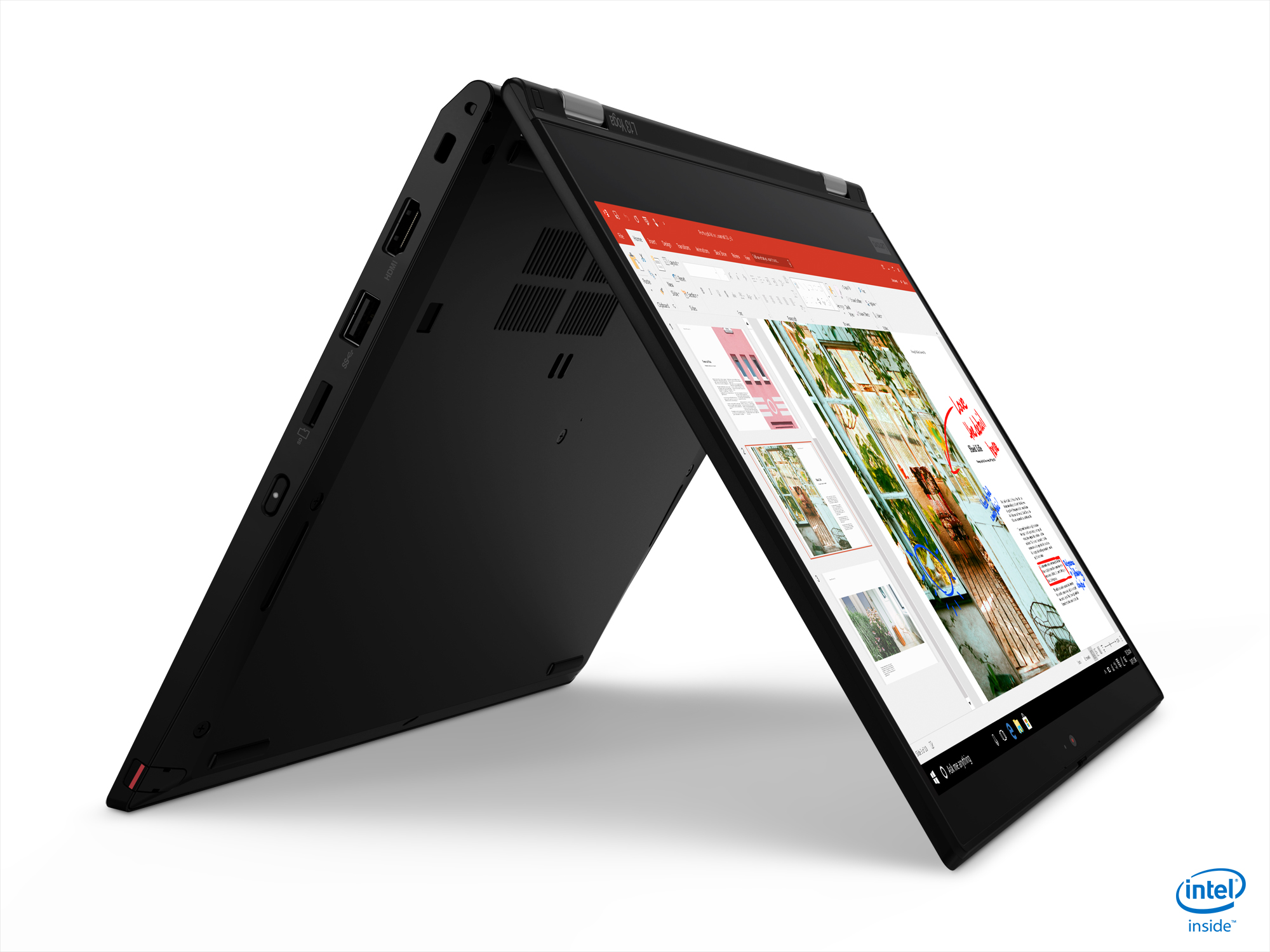 The Lenovo ThinkPad L13 Yoga in tent mode.