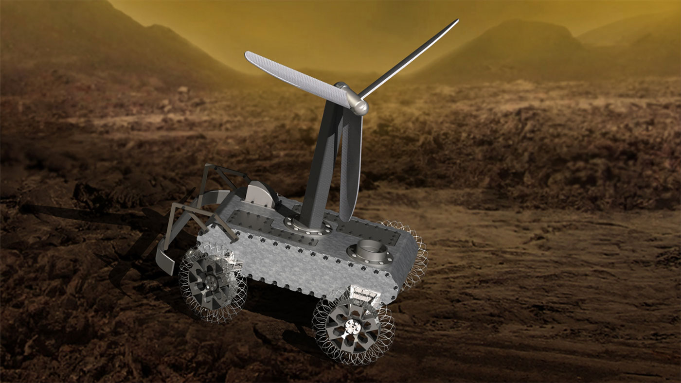 An illustration of a concept for a possible wind-powered Venus rover.