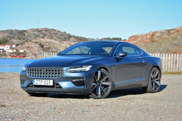 A 2020 Polestar 1 parked near a body of water.