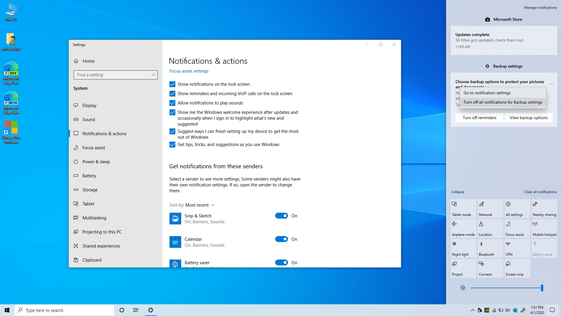 windows 10 may 2020 update review 20h1 notification settings