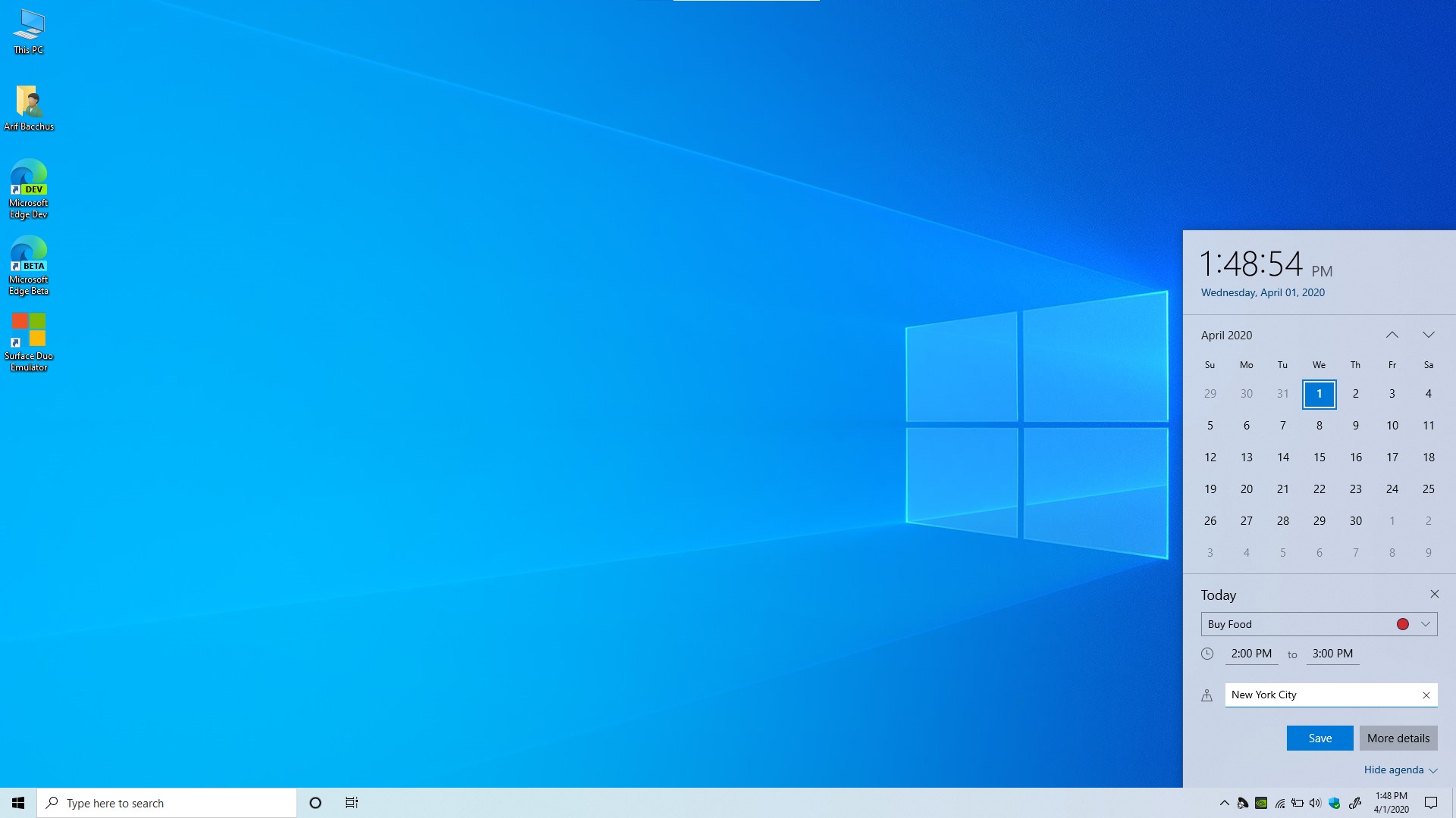 windows 10 may 2020 update review 20h1 taskbar calendar flyout