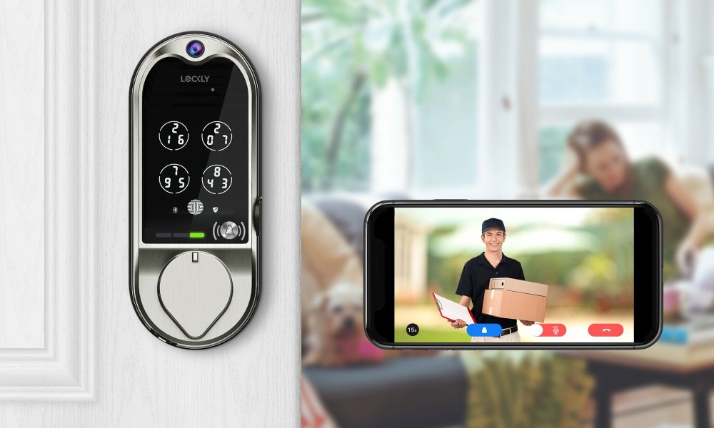 Lockly Vision Smart lock installed on door next to phone showing camera view.