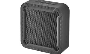 The Insignia Rugged Portable Bluetooth Speaker at an angle, on a white background.