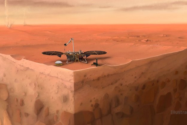 In this artist's concept of NASA's InSight lander on Mars, layers of the planet's subsurface can be seen below, and dust devils can be seen in the background.