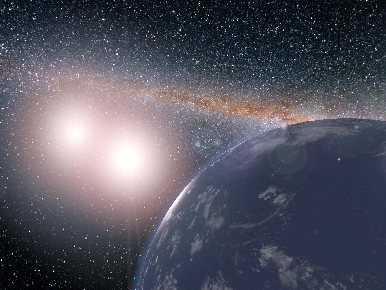 This artist's concept shows a hypothetical planet covered in water around the binary star system of Kepler-35A and B.