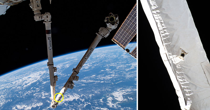 Space debris damage to the space station's Canadarm2 robotic arm.