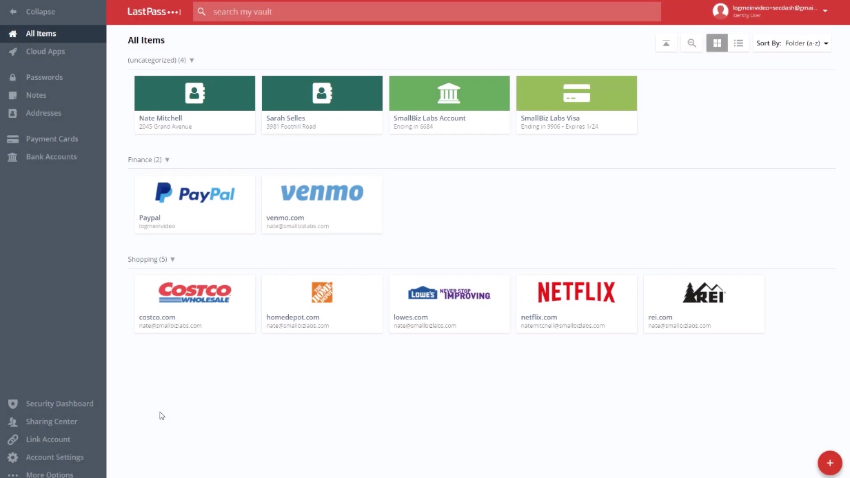 The LastPass vault in a browser.