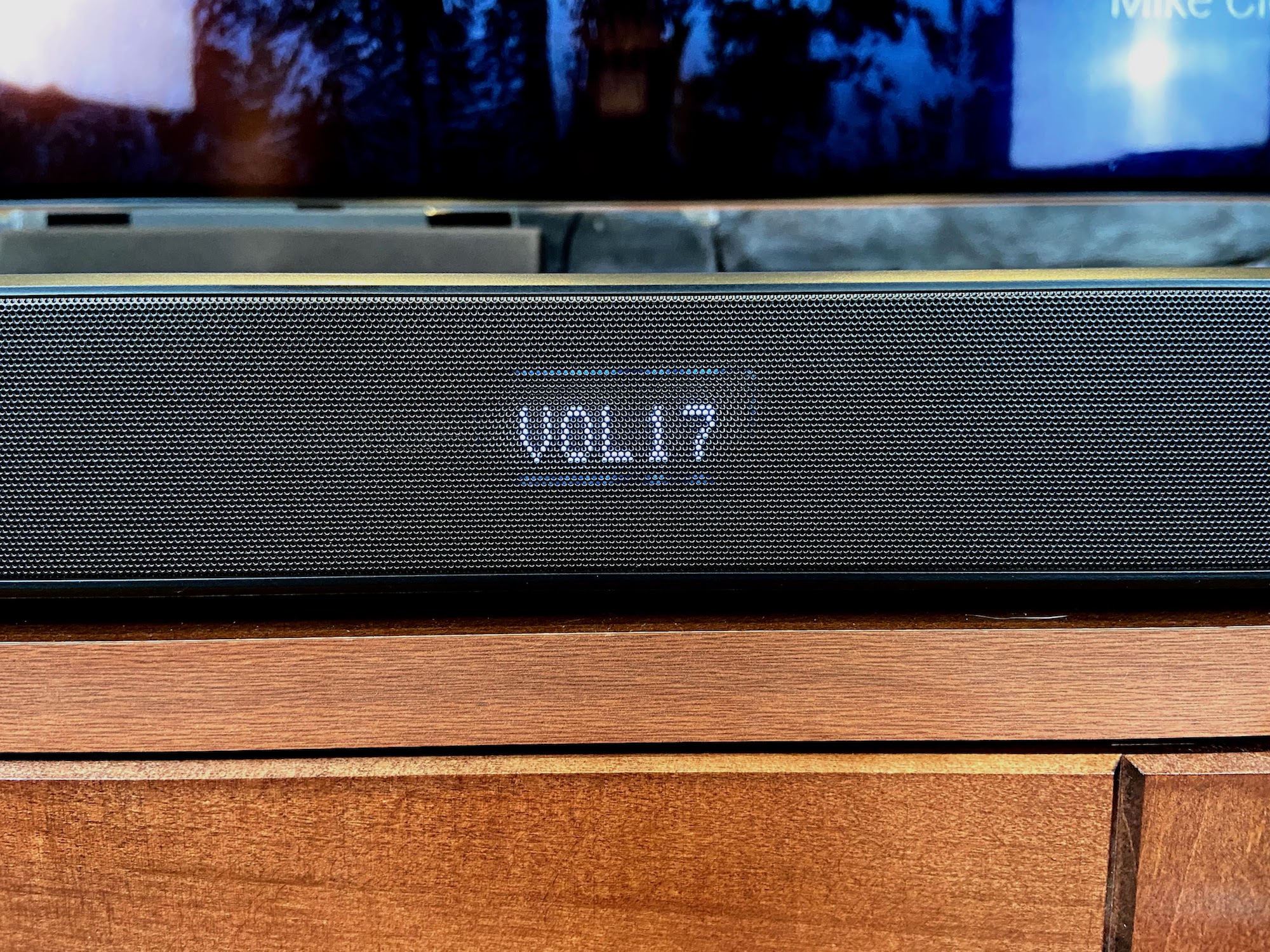 LG SP9YA Dolby Atmos soundbar display.