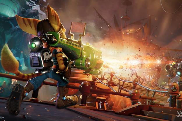 Ratchet fires a huge weapon in Ratchet & Clank Rift Apart.