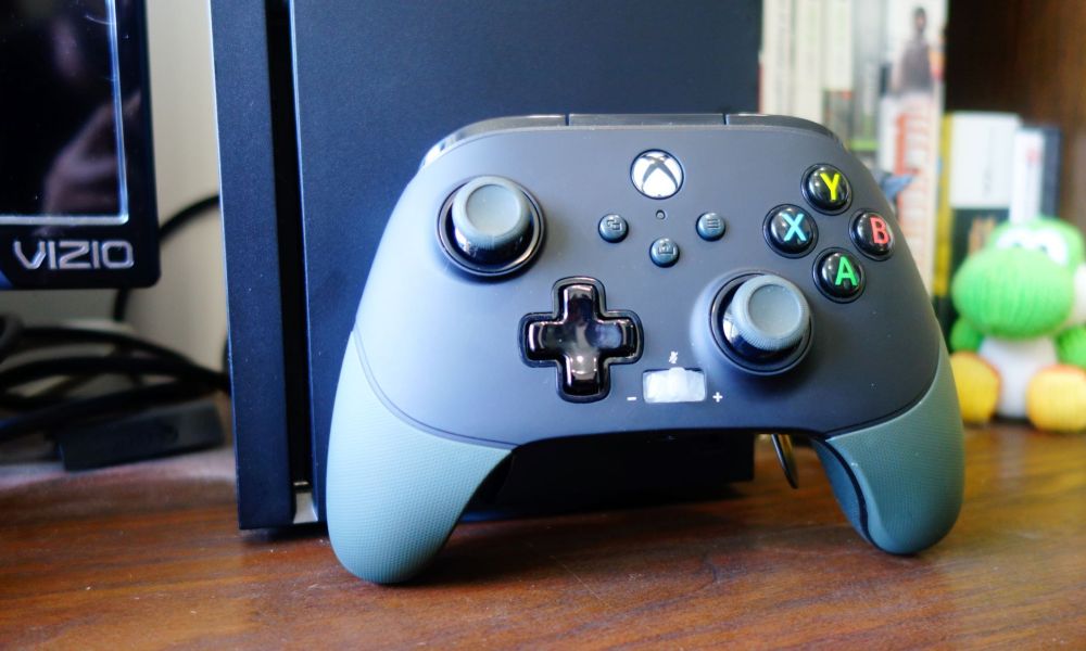 The Xbox Fusion 2 controller next to an Xbox Series X.