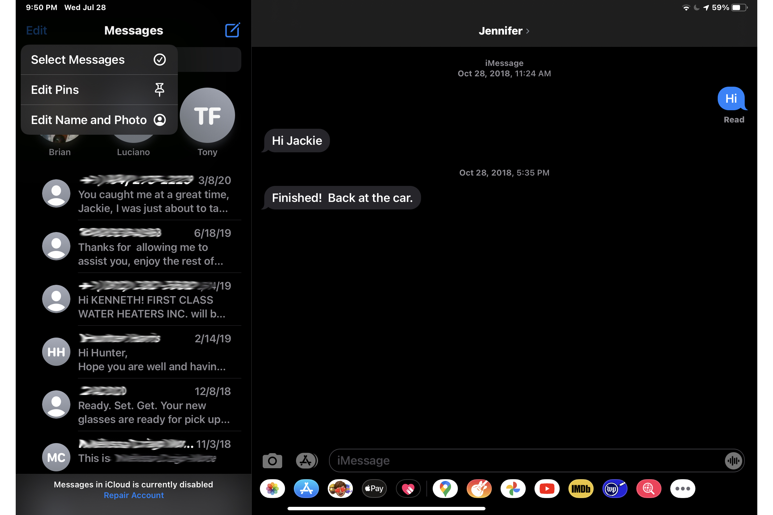 How to pin in Messages in iPadOS 14.