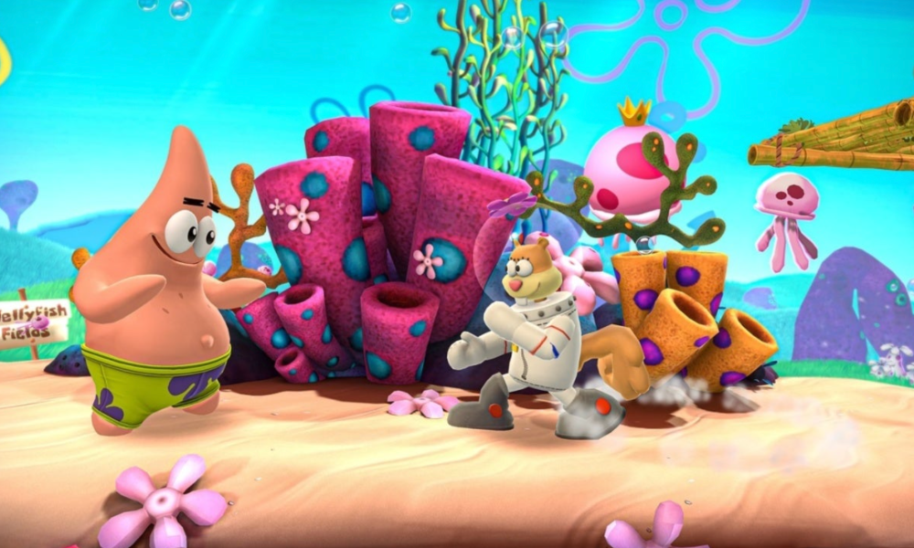 Patrick Star and Sandy Cheeks fight in Nickelodeon All-Star Brawl