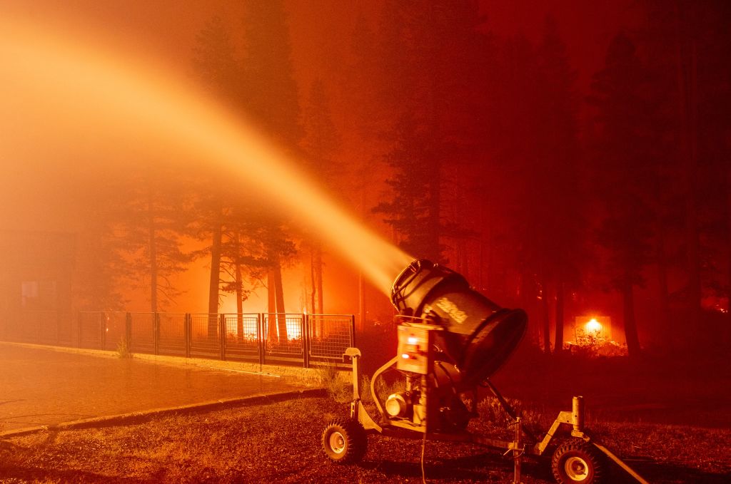 A snow gun tackles the Caldor Fire at Sierra-at-Tahoe Resort.