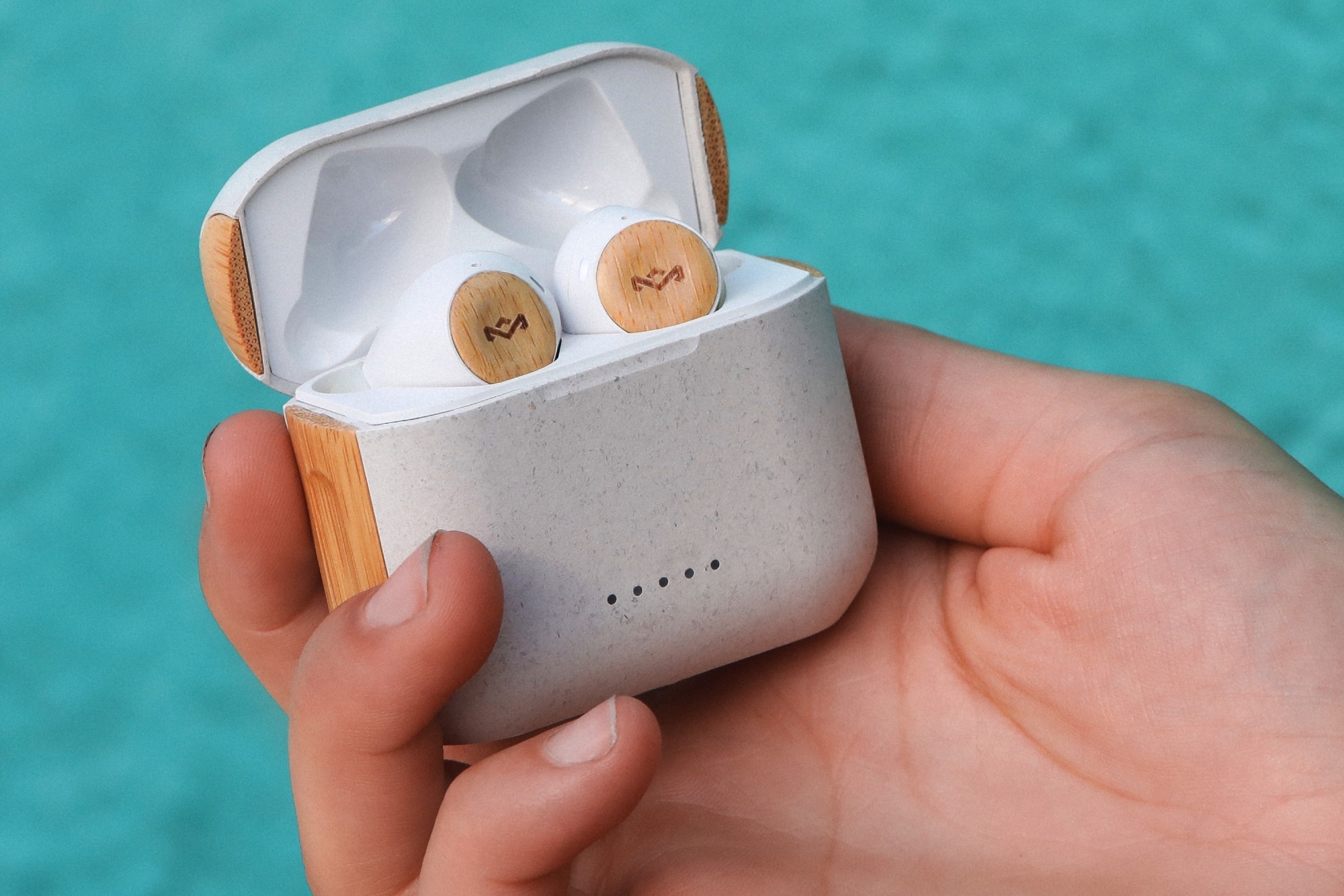 House of Marley Rebel True Wireless Earbuds in white.