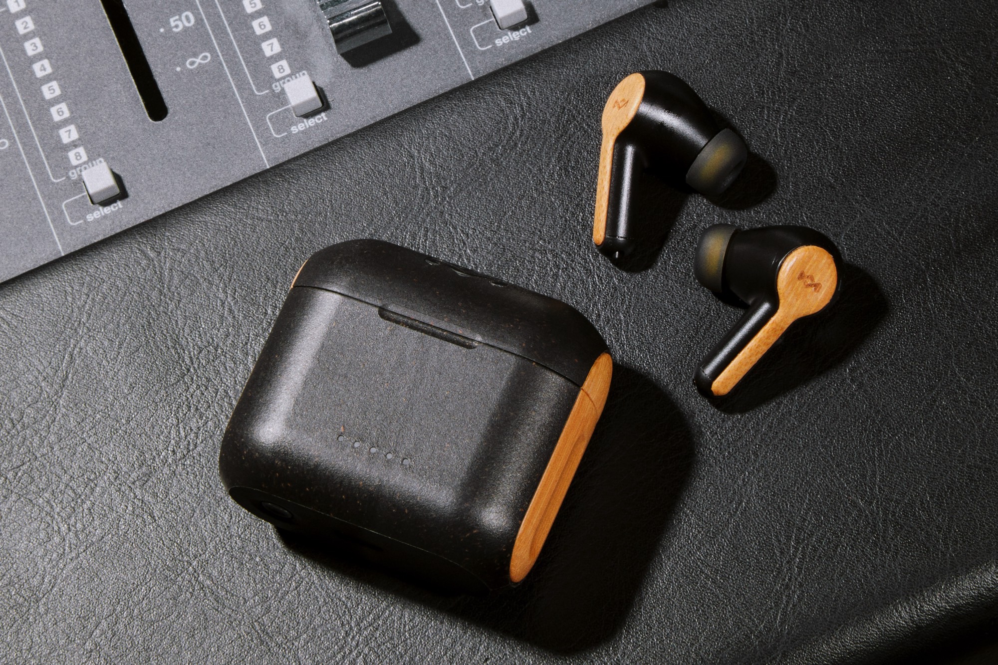 House of Marley Rebel True Wireless Earbuds seen outside of their charging case.