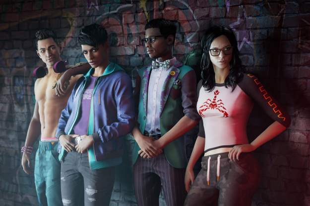 The crew of the Saints Row reboot stands against a wall.