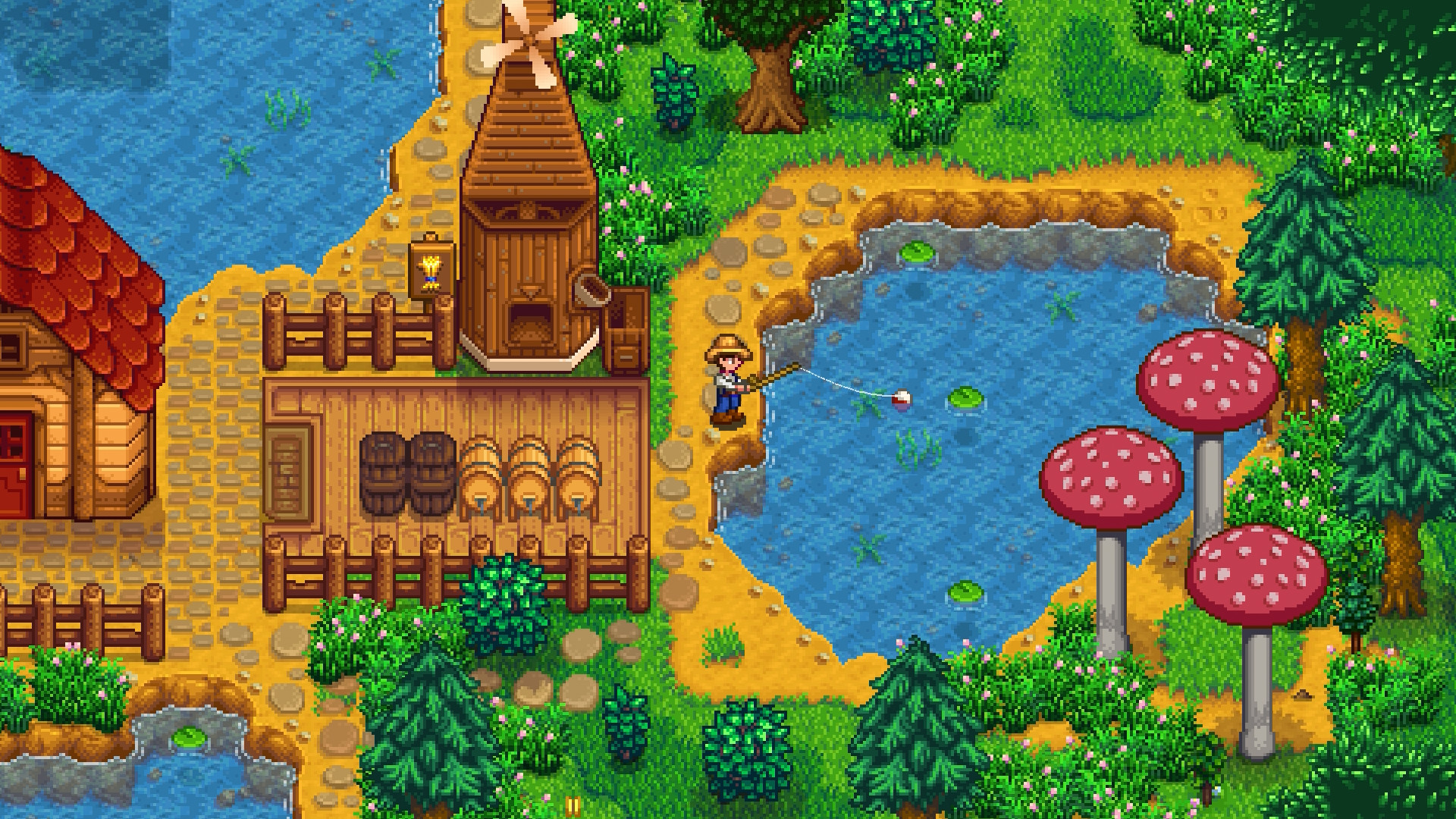 A player fishes in their local pond.