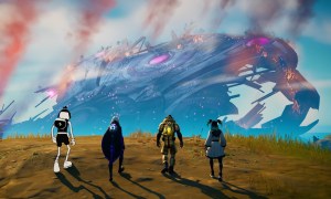 Four characters overlooking crashed ship in Fortnite.