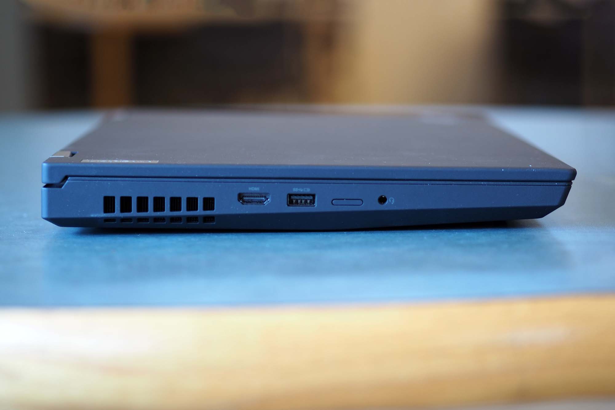 HDMI port, USB port, & headphone jack on the left side of the Lenovo ThinkPad P15 Gen 2 laptop.