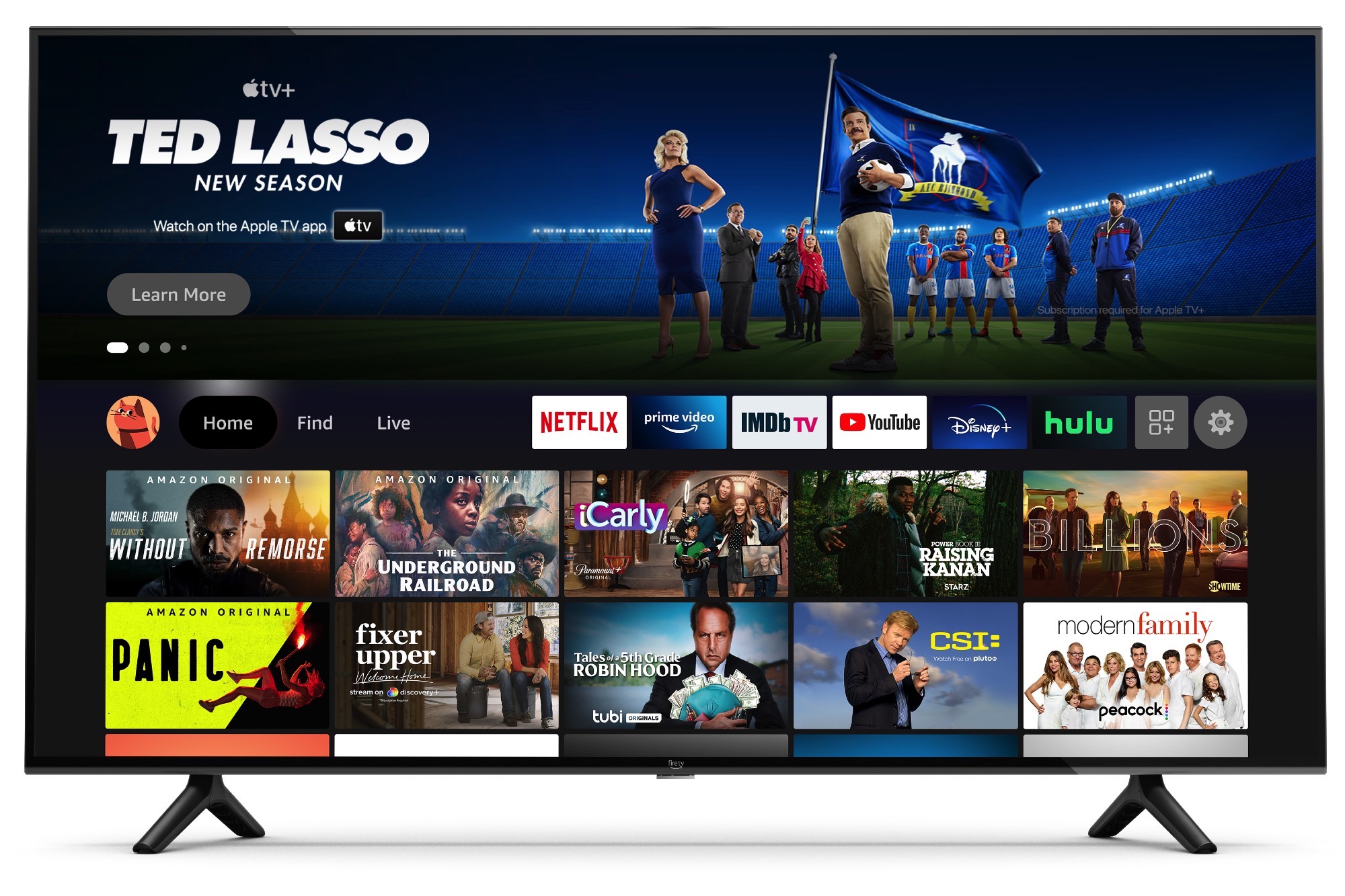 Amazon Fire TV 4-Series 4K HDR TV with streaming apps on the screen.