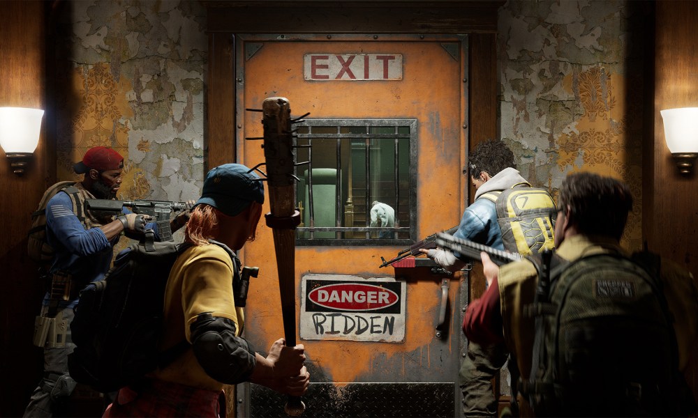 Players look out of a saferoom door in Back 4 Blood.