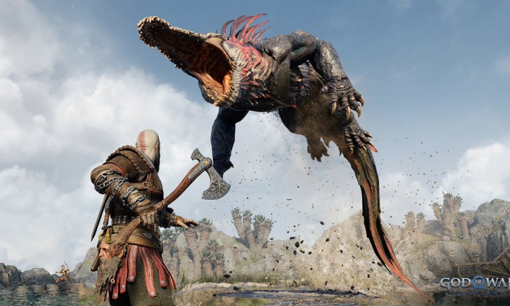 A giant lizard monster jumps on Kratos in God of War Ragnarok.