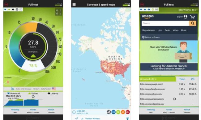 Screenshots of NPerf internet speed checker app on iOS.